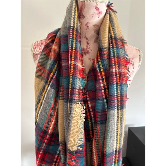 Vintage Plaid Scarf Wrap Red Aqua Tan Large - Picture 2 of 4